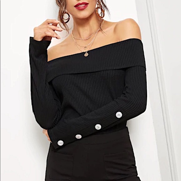 Off the Shoulder Button Sleeve Ribbed Top - Picture 2 of 6